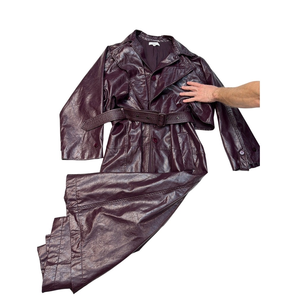 Rosetta Getty Collective Burgundy Metallic Faux Leather Trench Coat XL Belted - Picture 2 of 7